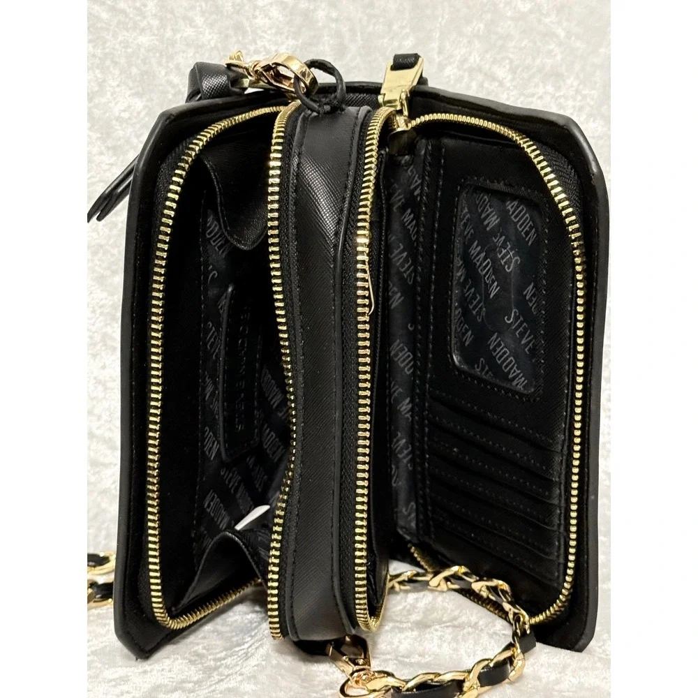 Steve Madden Black Saffiano Faux Leather Crossbody Wallet Bag Gold Chain Strap
